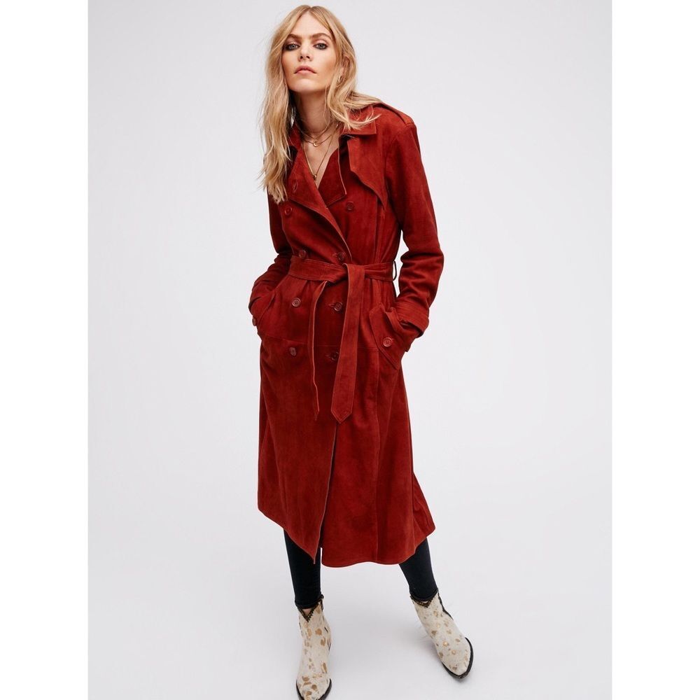 Free People Lamsbkin Suede Double Breasted Trenchcoat
